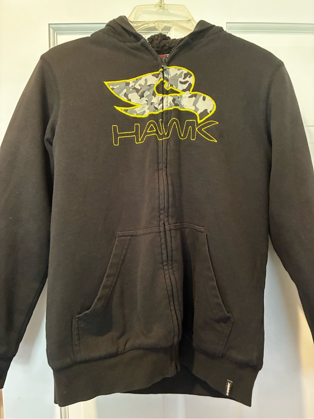 Tony Hawk Black Hooded Zip-Up Sweatshirt with Yellow-Outline Camouflage Logo